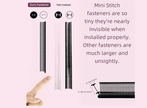 Comparison of mini stitch fasteners, showing small size and discreet installation, for No Sweat Stitch Gun For Clothes Handheld Fabric Tacker Kit.