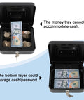 Open medium metal cash box with removable money tray, dual key lock, showing cash handling for home or office use.