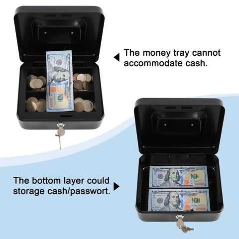 Open medium metal cash box with removable money tray, dual key lock, showing cash handling for home or office use.