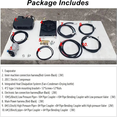 Universal 12V Under Dash Air Conditioner With Snappy Chill And Cozy Heat 10000 BTU components layout including evaporator, compressor, and hoses.