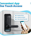 Smart Door Lock With Keypad And Keyless Entry IP66 Weatherproof Rock Solid App Control displayed on a door.