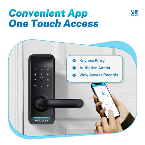 Smart Door Lock With Keypad And Keyless Entry IP66 Weatherproof Rock Solid App Control displayed on a door.