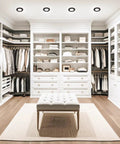 4 Inch LED Gimbal Recessed Light Kit 6 Pack Dimmable Eyeball Soffit Lights illuminating a modern white walk-in closet