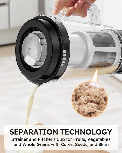 5 In 1 Kitchen Blender And Food Processor Set pitcher pouring liquid with separation technology, kitchen countertop view.