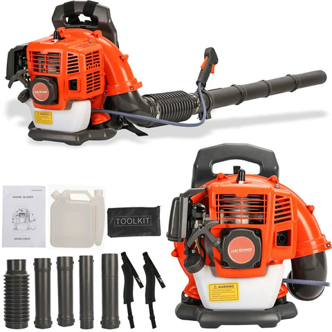 Backpack Gas Powered Leaf Blower With 52cc 550 CFM 3HP Two Stroke Engine Air Cooled Lightweight 13.6 Lb shown with accessories