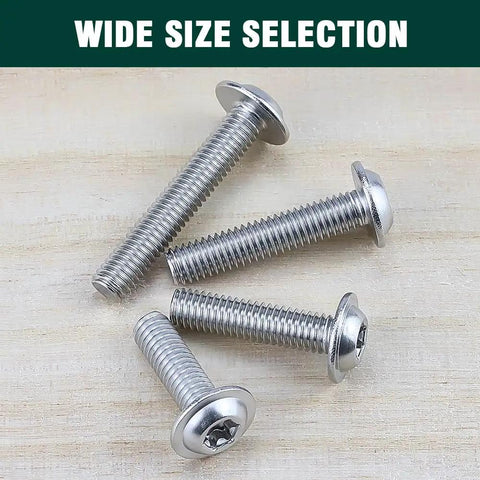 Badass M3 Flanged Button Head Machine Screws 25 Millimeter 304 Stainless Steel Heavy Duty Hardware Fastener Kit on wooden surface.