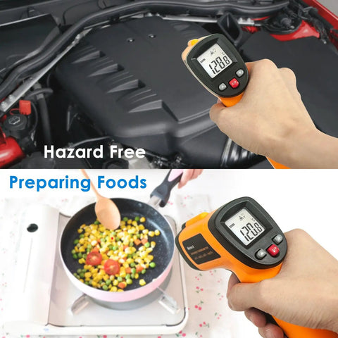 Non Contact Infrared Thermometer For Home Cooks And Shop Floor Pros With LCD Display Switchable Celsius Fahrenheit Temperature Range From Minus 58 Fahrenheit To 1022 Fahrenheit Backlit Screen Data Hold Low Battery Indicator Auto Off, handheld over engine and pan