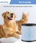 MJ002H Replacement Filter For POMORON 4 In 1 Air Purifier H13 True HEPA Activated Carbon Multi Layer Filter 2 Pack next to dog and cat