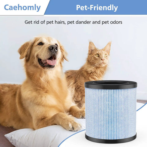 MJ002H Replacement Filter For POMORON 4 In 1 Air Purifier H13 True HEPA Activated Carbon Multi Layer Filter 2 Pack next to dog and cat