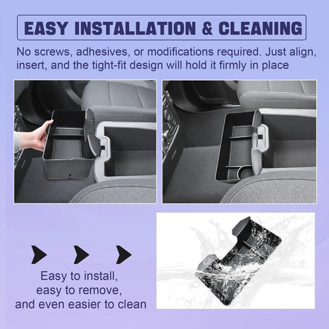 Center Console Hanging Organizer Box Fits 2019 To 2026 Chevy Silverado And GMC Sierra 1500 And 2020 To 2026 Silverado 2500HD And 3500HD Split Bench Seats Not For Bucket Seats Armrest Tray Storage shown installed with details of easy installation and cleaning.