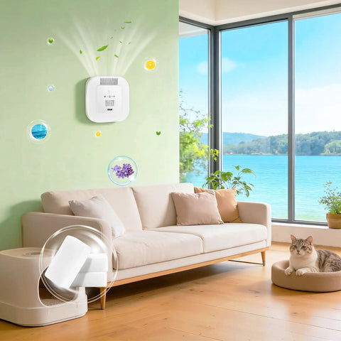 Room with Heavy Duty Cat Litter Odor Eliminator With Ozone Purifier For Pets No Joke 99 Percent Odor Removal mounted on wall.