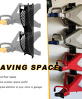 Two Pack Wall Mount Jack Stand Organizer For 2 And 3 Ton Jacks, Heavy Duty Storage Bracket installed on garage wall