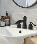 Matte Black Widespread Bathroom Faucet With Waterfall Spout Farmhouse Style 3 Hole Sink Faucet Two Handle 8 Inch Centers