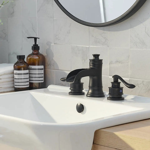 Matte Black Widespread Bathroom Faucet With Waterfall Spout Farmhouse Style 3 Hole Sink Faucet Two Handle 8 Inch Centers