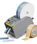 Automatic Tape Dispenser And Ribbon Cutting Machine Offering No Sweat Quick Precision Trimming Portability For Shipping Packing Schools And Retail Stores with rolls of tape.