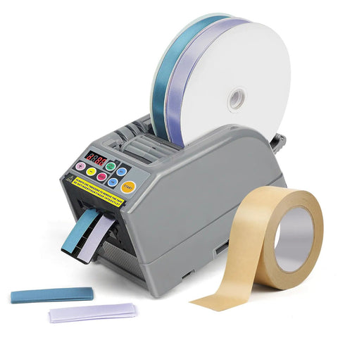 Automatic Tape Dispenser And Ribbon Cutting Machine Offering No Sweat Quick Precision Trimming Portability For Shipping Packing Schools And Retail Stores with rolls of tape.