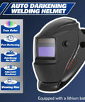 Auto darkening welding helmet with features highlighted: true color, fast darkening, anti-strong arc light, adjustable headband.
