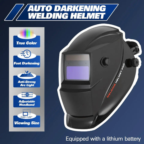 Auto darkening welding helmet with features highlighted: true color, fast darkening, anti-strong arc light, adjustable headband.