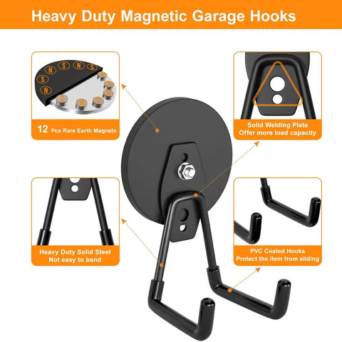 Heavy Duty Magnetic Hooks Set For Garage And Workshop, Hang Yard Tools, Cords, Hoses And Power Tools, 25 Lb Capacity, 2 Pack, close-up