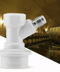 Ball Lock Liquid Disconnect Kit For Homebrew Kegs, white gas inlet and stainless swivel, with barrels in background