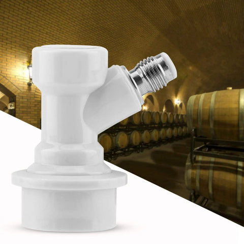 Ball Lock Liquid Disconnect Kit For Homebrew Kegs, white gas inlet and stainless swivel, with barrels in background