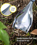 Two Pack Beefy Garden Trowels Set With Stainless Steel Blades And Ergonomic Handles in soil showcasing durable blade