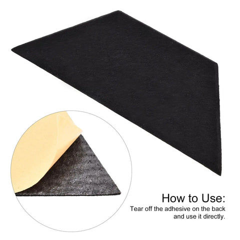 Sick Acoustic Panel Set With 12 Pieces Of Trapezoidal Soundproof Foam, adhesive-backed black foam panel showing application instructions.
