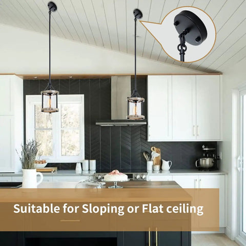 Farmhouse Rustic Pendant Light With Wood And Metal Cage Glass Shade, 43 Inch Adjustable Hanging Light For Kitchen Island Foyer And Hallway, On Point For Flat Or Sloped Ceilings, 2 Pack