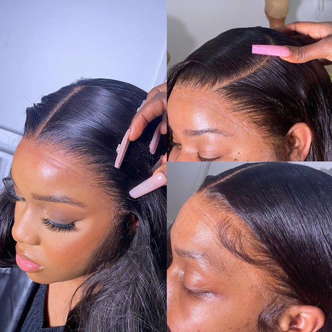 Close-up of woman applying Extreme Hold Lace Wig Glue Waterproof Bonding Adhesive For Wigs With Clear Drying Formula on lace wig.