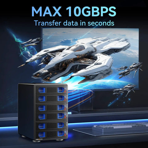 Smooth Operator Six Bay Aluminum Hard Drive Enclosure With Smart Cooling Fan Usb 3.2 Gen 2 Type A C For Straightforward Hot Swap Sata Hdd Ssd Data Vault Box on desk with spaceship background