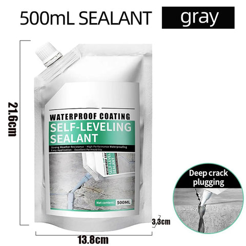 Tough As Nails Waterproof Self Leveling Sealant For Deep Crack Repair And Patching 500ml pouch in gray with application details.