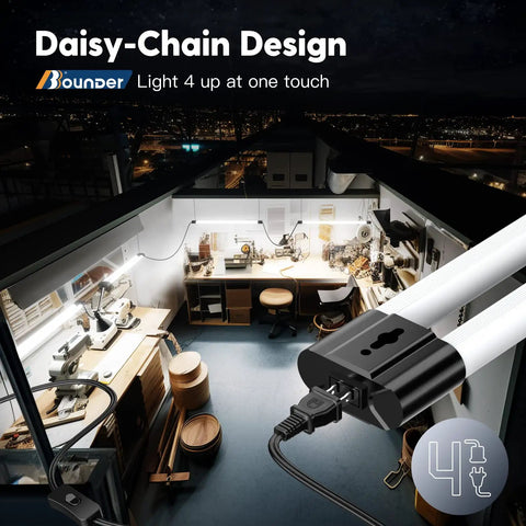 Linkable 10 Pack LED Shop Lights 4 Foot, 4400 Lumens, 6500K Cool Daylight showing daisy-chain design for easy connection in workshop