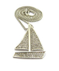 Iced Out Sailing Yacht Pendant Necklace With 24 Inch Chains In Silver Tone, Choose 2mm Box Chain, 3mm Cuban Chain, Or 2mm Rope Chain, 1.25 By 1.65 Inch Pendant, Imitation Silver Plated Fashion Jewelry close-up on white background