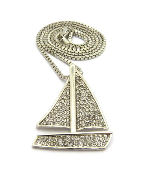 Iced Out Sailing Yacht Pendant Necklace With 24 Inch Chains In Silver Tone, Choose 2mm Box Chain, 3mm Cuban Chain, Or 2mm Rope Chain, 1.25 By 1.65 Inch Pendant, Imitation Silver Plated Fashion Jewelry close-up on white background