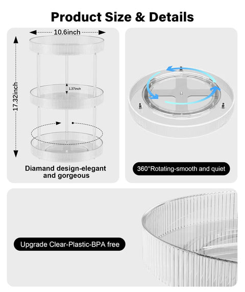 Dimensions of 3 Tier Lazy Susan Bathroom Countertop Organizer With 360 Degree Rotating Clear Tray showcasing diamond design and rotation feature.