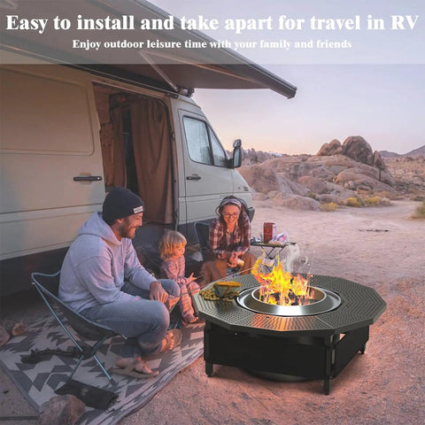 Family enjoying a campfire using Surround Tabletop For Solo Stove Bonfire Ranger Two Point Zero And Mesa with UV Resistant Fabric Guard.
