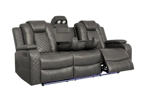 Leather Power Recliner Sofa Set With LED Ambient Lighting Three Piece Home Theater Seating Sofa Loveseat And Chair Wireless Charging Cup Holders Storage Box For Living Room shown with reclined seats and blue LED lights.
