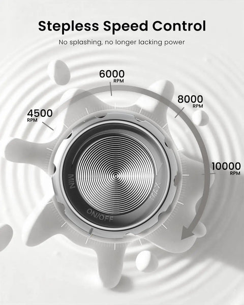 LunaFro Art Rechargeable Handheld Milk Frother With No Steam Wand Stepless Speed Control dial showing RPM settings for precision.