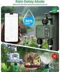 Smart WiFi Hose Timer With 2 Zones, Long Range 984ft RF, App And Voice Control With Alexa Google Tuya, displaying rain delay mode settings
