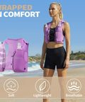 Lightweight Running Vest With Dual 17 Ounce Soft Flasks, Packable Hydration System For Jogging, Marathon, Cycling And Hiking, Unisex No Sweat Purple Medium Vest For All Weather Use