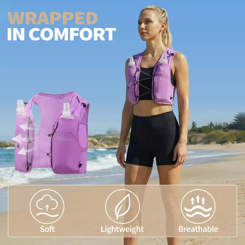 Lightweight Running Vest With Dual 17 Ounce Soft Flasks, Packable Hydration System For Jogging, Marathon, Cycling And Hiking, Unisex No Sweat Purple Medium Vest For All Weather Use
