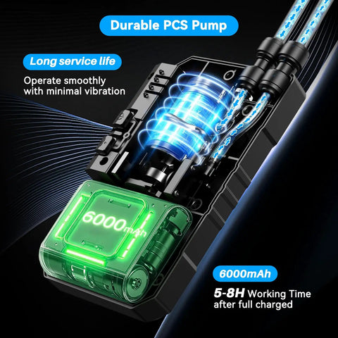 Portable Outdoor Misting System Kit With 6000mAh Pump, 20L Bucket, And 26Ft Hose For Instant Cooling On Patio, Garden, Camp, Canopy, Greenhouse Or Pasture, Includes 10 Clips And Ties For Quick Setup showing durable 6000mAh PCS pump.
