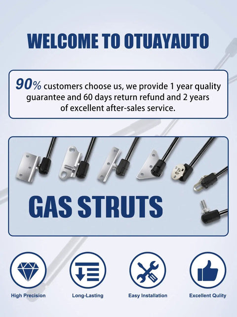 Welcome to OtuaYAuto image featuring gas struts with guarantees, showcasing quality and easy installation features.