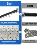 Comparison between 2.2-inch heat shrink tubing and high-density braiding vs 1.1-inch tubing and sparse braiding for coax cables.