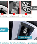 Before and after images showing Mercedes Benz Tire Valve Stem Cap Covers 4 Pack Aluminum Alloy Air Valve Caps Black Corrosion Resistant