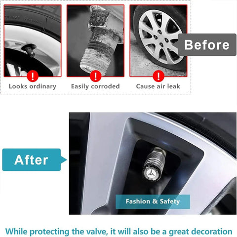 Before and after images showing Mercedes Benz Tire Valve Stem Cap Covers 4 Pack Aluminum Alloy Air Valve Caps Black Corrosion Resistant