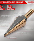 Close-up of Step Drill Bit Set With 50 Sizes, Titanium Coated HSS Bits, showing 3/8" tri-flatted shank and clear size marking.