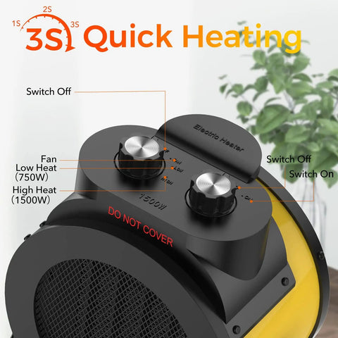 Top view of Indoor Space Heater 1500W PTC Ceramic with control knobs, close-up of adjustable angle for rapid heating.