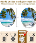 Upgrade Your Bathroom Game Zero Sweat Install With This Durable Resin Toilet Seat Cover Sporting A Tropical Thatched Umbrella Motif with size measurements.