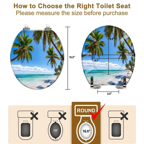Upgrade Your Bathroom Game Zero Sweat Install With This Durable Resin Toilet Seat Cover Sporting A Tropical Thatched Umbrella Motif with size measurements.